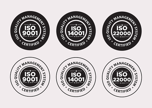 ISO certified, quality management system vector illustration set, black and white,