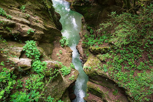 Okatse (Kinchkha) Waterfall, three-step waterfall cascade in the river gorge of Satsikvilo, Kutaisi, Gerogia.