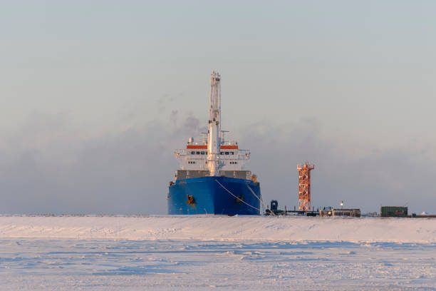 istock Cargo vessel moored in arctic port. Winter time. Ice navigation. Loading in progress. 1320673894