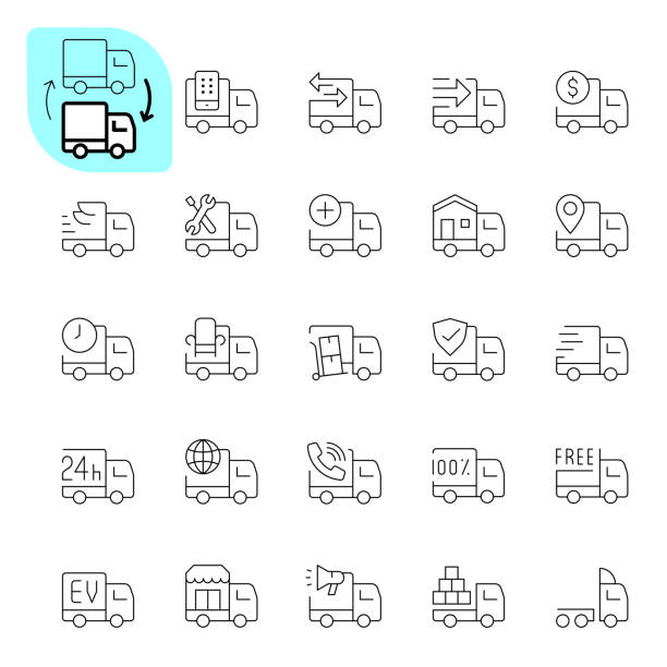 illustrazioni stock, clip art, cartoni animati e icone di tendenza di icone di camion e trasporti - van delivery van mini van messenger