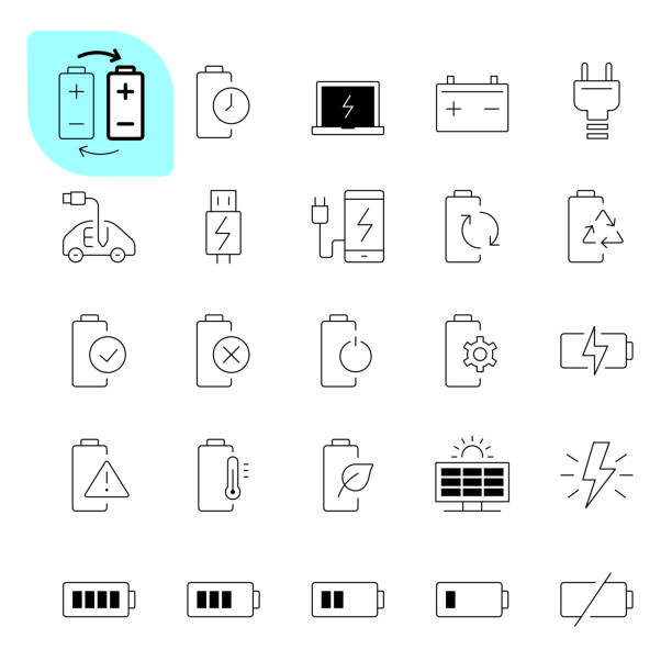 Battery and charging icons Battery, power, charging, thin line icon set, editable stroke, vector illustration. phone charging station icon stock illustrations