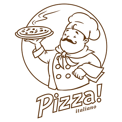 Chef with pizza. Emblem design of funny baker man and vintage logo Pizza Italiano. Children vector illustration. Cartoon character
