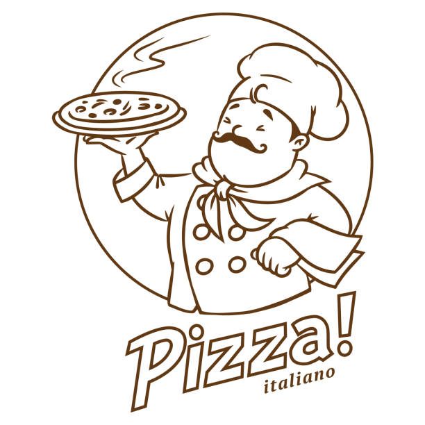 Funny italian chef with pizza. Emblem design Chef with pizza. Emblem design of funny baker man and vintage logo Pizza Italiano. Children vector illustration. Cartoon character italian ethnicity stock illustrations