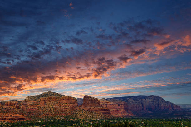 Dramatic skies over red rocks in Sedona Arizona, no people, copy space, background sunset sky stock photo