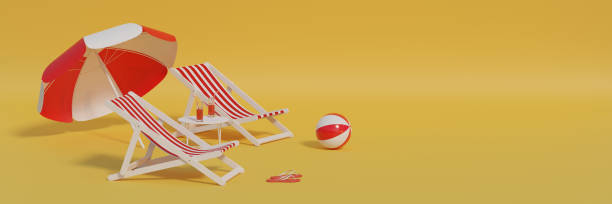 istock Two red deck chairs and beach umbrella on yellow background. 3d illustration. 1320678862