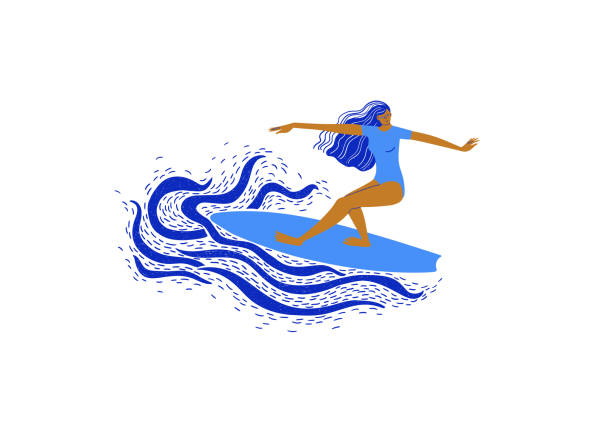 istock Funny illustration with girl surfer riding a wave 1320679730