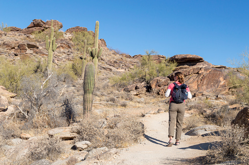 This woman is enjoying a hike through the desert terrain on the Mormon Trail.  This hike is located on South Mountain Park in Phoenix, Arizona and enjoys expansive views and rugged terrain.