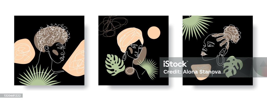 Black people social media templates for stories. Afro women, african girls with tropical palm tree leaves on black background. Vector set for wall art decor - Royalty-free Afro arte vetorial