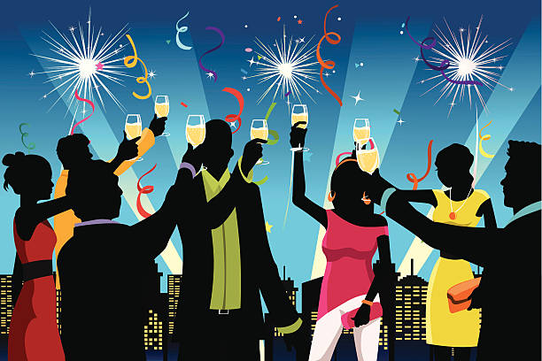 ilustraciones, imágenes clip art, dibujos animados e iconos de stock de celebración de fiesta de año nuevo - toast party silhouette people