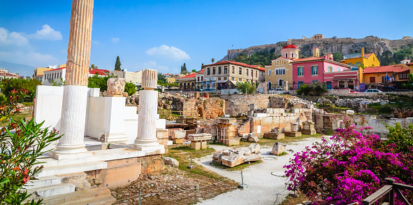 Beautiful Hadrian Library in Monastiraki square, Plaka District, Athens, Greece.