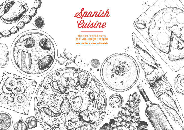 Spanish cuisine top view frame. A set of spanish dishes with paella, gazpacho, tortilla, tapas, sausages, snack. Food menu design template. Vintage hand drawn sketch vector illustration.Engraved image. Spanish cuisine top view frame. A set of spanish dishes with paella, gazpacho, tortilla, tapas, sausages, snack. Food menu design template. Vintage hand drawn sketch vector illustration.Engraved image spanish food stock illustrations