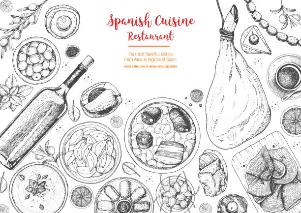 illustrations, cliparts, dessins animés et icônes de cuisine espagnole cadre de vue de dessus. un ensemble de plats espagnols avec jamon, patatas bravas, fabada, gaspacho, tapas. modèle de conception de menu alimentaire. illustration vectorielle de croquis vintage dessinée à la main. image gravée. - patatas bravas