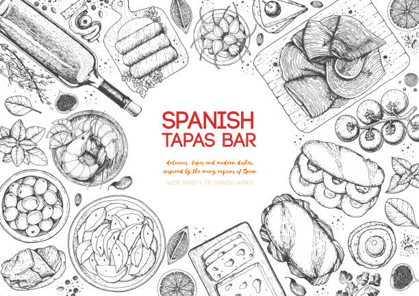 spanische tapas, top-ansicht rahmen. eine reihe von spanischen gerichten mit bocadillo, jamon, patatas bravas, tapas. food-menü-design-vorlage. vintage handgezeichnete skizze vektor-illustration. graviertes bild. - patatas bravas stock-grafiken, -clipart, -cartoons und -symbole