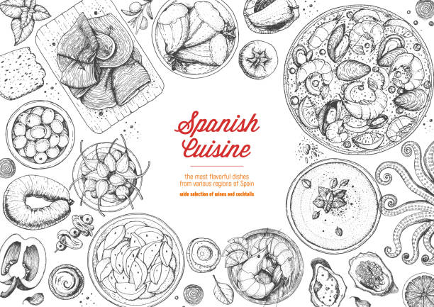 ilustraciones, imágenes clip art, dibujos animados e iconos de stock de marco de la cocina española de primera vista. un conjunto de platos españoles con paella, gaspacho, patatas bravas, hamon, tapas. plantilla de diseño del menú de alimentos. ilustración vectorial de boceto dibujado a mano vintage. imagen grabada. - spanish cuisine