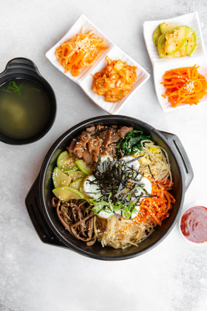 Korean dish Bibimbap. Flat lay.