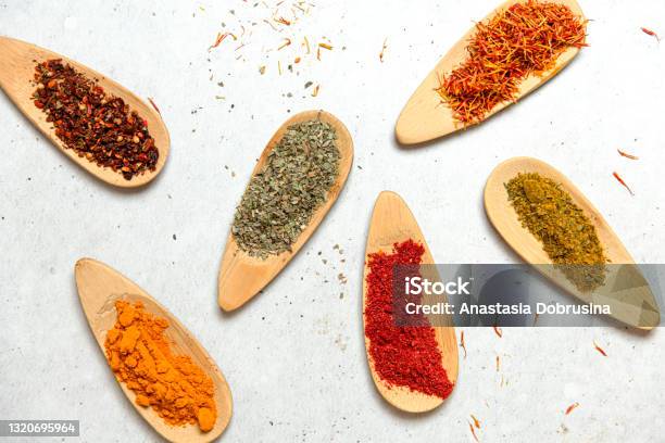 Variates Of Spices On Concrete Table Food Concept Background Stock Photo - Download Image Now