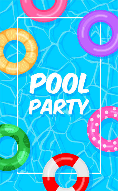 Pool party template banner. Pool party template banner. Swimming pool summer background with colorful lifebuoys. Float rings. Vector illustration in trendy flat style. holiday vacations party mirrored pattern stock illustrations