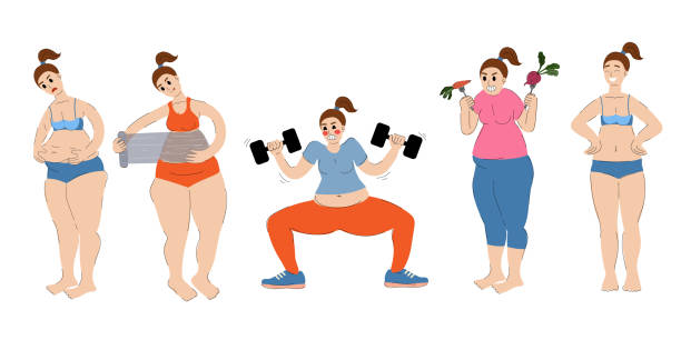 set of woman is losing weight. the woman is engaged in fitness, eating healthy food, doing spa treatments and body wrap. the girl looks after herself and prepares for the summer. stock vector. set of woman is losing weight. the woman is engaged in fitness, eating healthy food, doing spa treatments and body wrap. the girl looks after herself and prepares for the summer. stock vector. sarong stock illustrations