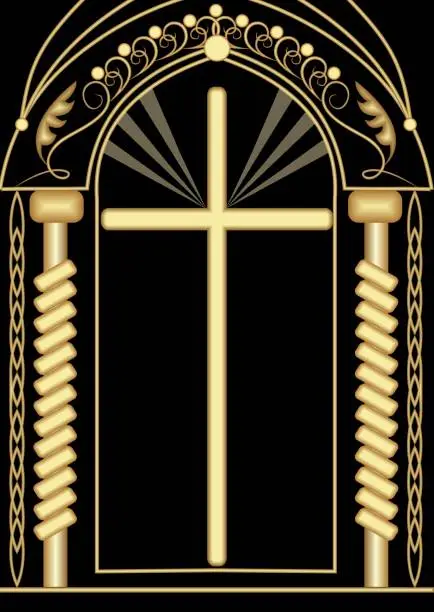 Vector illustration of religious theme, background with golden altar, Christian symbol cross, golden drawing on black background, relief effect, funeral decoration