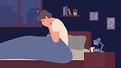 istock Insomnia at night, sleep mental disorder, unhappy tired person awake in fear in bed 1320704794