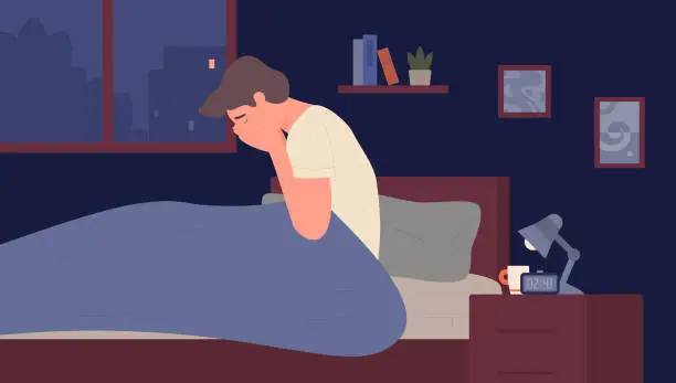 Vector illustration of Insomnia at night, sleep mental disorder, unhappy tired person awake in fear in bed