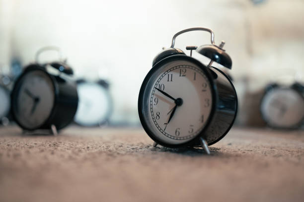istock Collection of vintage black alarm clock 1320704892