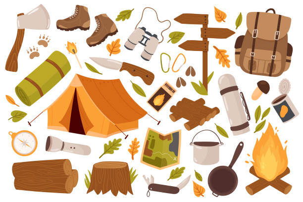 Camping, hiking equipment for trekking tourists set, camp collection for survival in wild Camping, hiking equipment for trekking tourists vector illustration set. Cartoon summer camp travel tools collection for survival in wild, tent backpack axe boots compass campfire isolated on white hiking stock illustrations