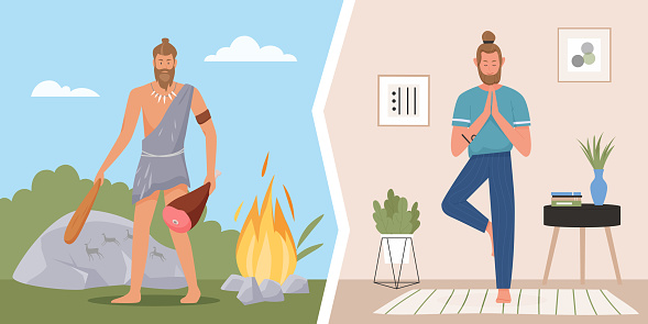 Primitive caveman lifestyle, modern healthy life vector illustration. Cartoon prehistoric stone age hunter character cooking food on fire after hunt, young man doing yoga for body health background