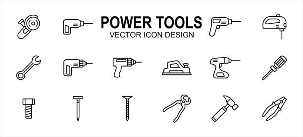 illustrazioni stock, clip art, cartoni animati e icone di tendenza di costruzione power tools relativo icona vettoriale icona utente immagine grafica. contiene icone come smerigliatrice, perforatore, trapano a impatto, demolizione, sega a giga, chiave inglese, cordless, piano, planiera, martello, pinze - trapani