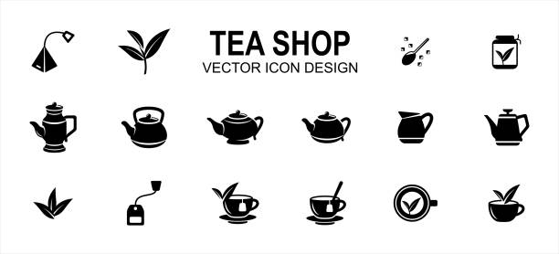高級茶店のドリンク関連ベクトルアイコンのユーザーインターフェイスグラフィックデザイン。ティーバッグ、茶葉、砂糖、醸造、茶碗、ティーポット、抽出、ハーブ、ハーブなどのアイコ� - 紅茶点のイラスト素材／クリップアート素材／マンガ素材／アイコン素材