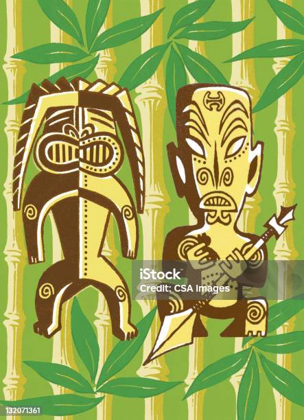 Tiki Figuras Foilage - Arte vetorial de stock e mais imagens de Bambu - Família da relva - Bambu - Família da relva, Flecha - Arco e Flecha, Tiki