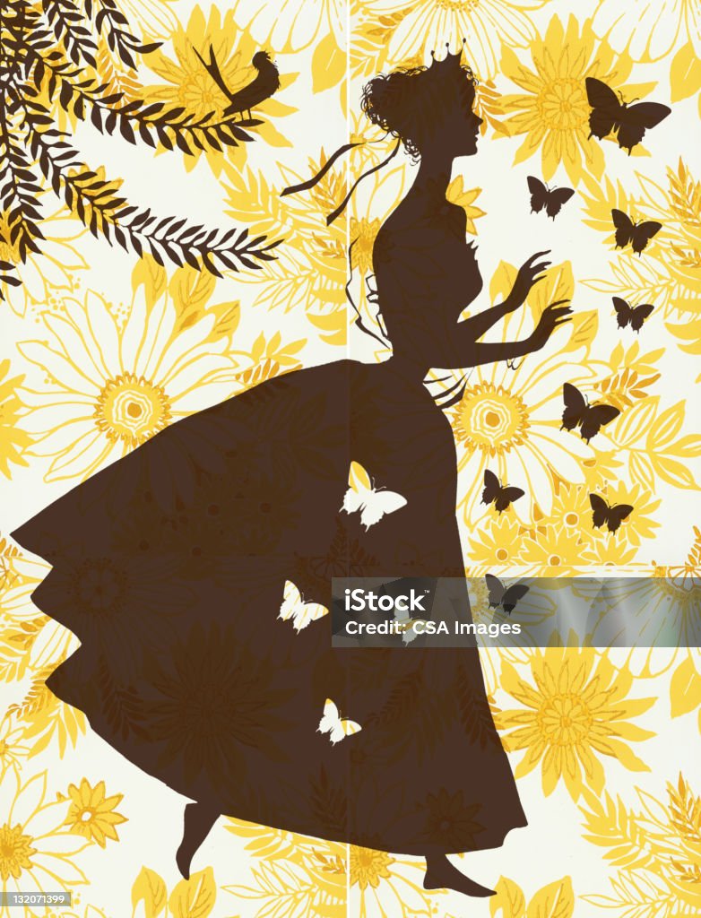 Silhouette of Woman on Floral Background Cinderella stock illustration