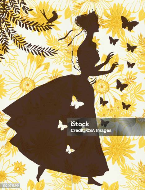 Silhouette Of Woman On Floral Background Stock Illustration - Download Image Now - Cinderella, Butterfly - Insect, Fairy Tale