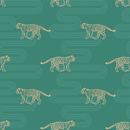 Vector illustration. Tigers and wave pattern are separable.