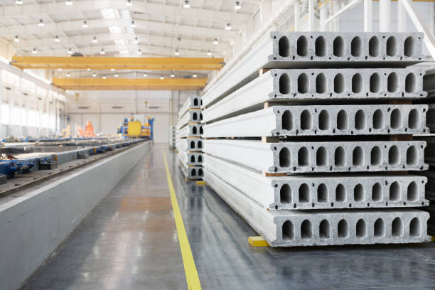 istock Stack of precast reinforced concrete slabs in factory workshop 1320716029
