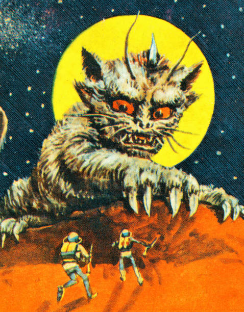 ilustraciones, imágenes clip art, dibujos animados e iconos de stock de alien cat monster - horror ilustraciones