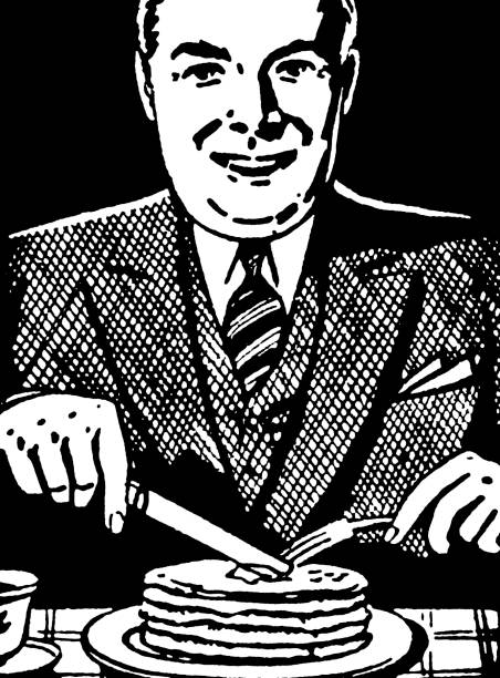 Man Eating Pancakes Man Eating Pancakes black and white pancakes stock illustrations