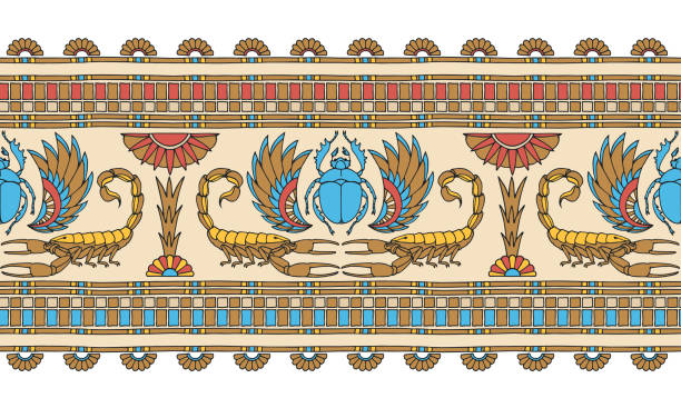 illustrations, cliparts, dessins animés et icônes de motif horizontal sans couture, ornement décoratif égyptien antique avec scorpions, scarabées et palmiers - hiéroglyphes
