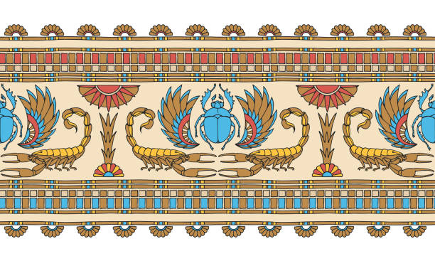 pola mulus horizontal, ornamen dekoratif mesir kuno dengan kalajengking, scarab, dan telapak tangan - mesir ilustrasi stok
