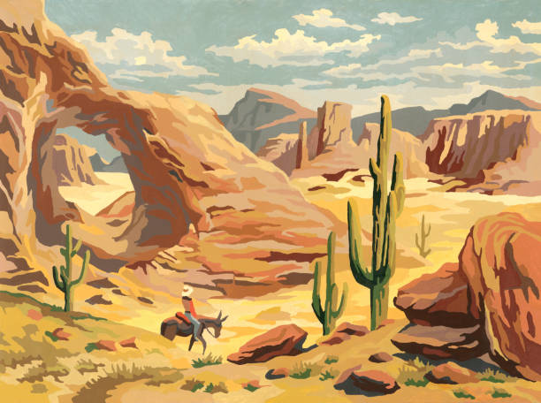 illustrazioni stock, clip art, cartoni animati e icone di tendenza di deserto paesaggio con cowboy - illustration and painting animal cowboy horse