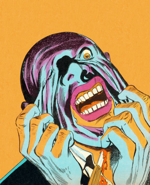 ilustraciones, imágenes clip art, dibujos animados e iconos de stock de hombre tirando de su rostro - horror ilustraciones
