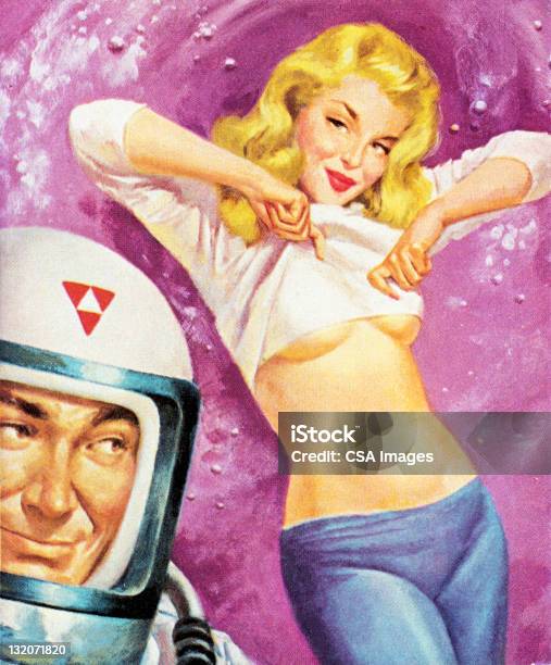 Donna In Camicia Di Sollevamento Per Astronauta - Immagini vettoriali stock e altre immagini di Sensualità - Sensualità, Uomini, Vecchio stile