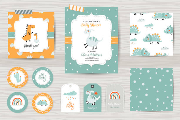 zestaw zaproszeń na baby shower, karty podziękowań, tagi i bezszwowe wzory. - baby shower stock illustrations