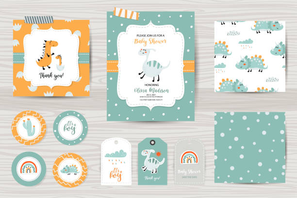Set of Baby shower invitations, thanks cards, tags and seamless patterns. Set of Baby shower invitations, thanks cards, tags and seamless patterns. Templates with cute dinosaurs for babies baby shower stock illustrations