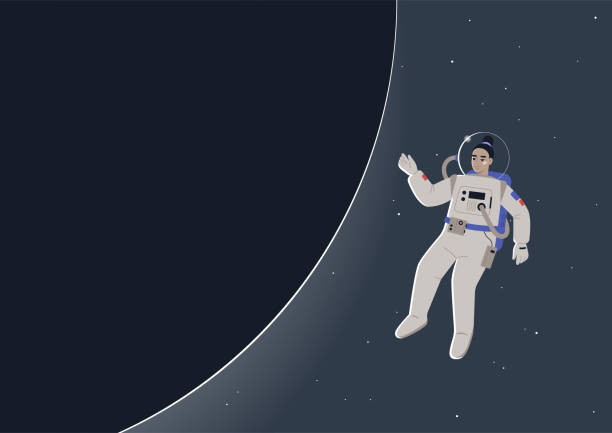 illustrations, cliparts, dessins animés et icônes de une jeune astronaute asiatique femelle dans une combinaison spatiale flottant dans l’espace ouvert à côté d’une planète foncée, un thème de science-fiction - backgrounds black black background gradient
