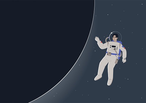A young male Asian astronaut in a spacesuit floating in open space next to a dark planet, a science fiction theme