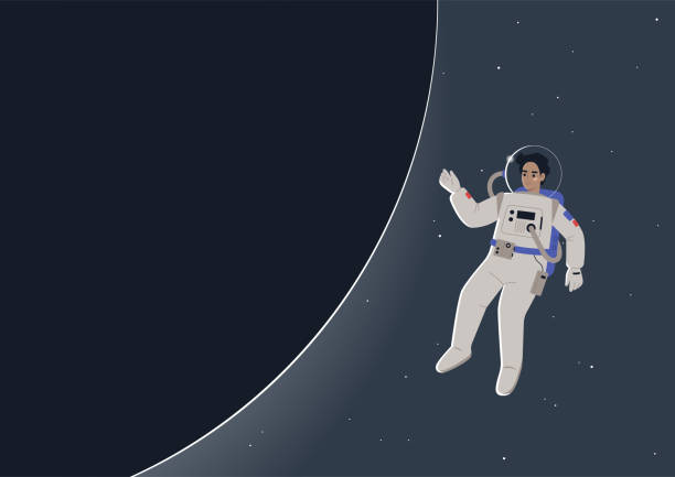 illustrations, cliparts, dessins animés et icônes de un jeune astronaute mâle dans une combinaison spatiale flottant dans l’espace ouvert à côté d’une planète foncée, un thème de science-fiction - backgrounds black black background gradient