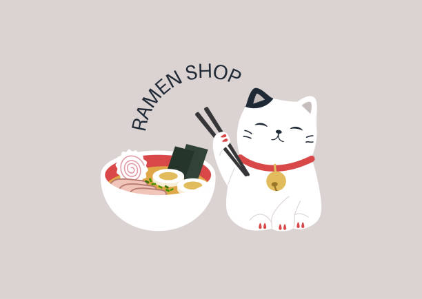 ein ramen shop logo, eine niedliche maneki neko katze hält holz essstäbchen, asiatische restaurant-design - winkekatze stock-grafiken, -clipart, -cartoons und -symbole
