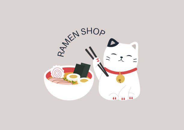 illustrazioni stock, clip art, cartoni animati e icone di tendenza di un logo del negozio di ramen, un simpatico gatto maneki neko che tiene bacchette di legno, design del ristorante asiatico - maneki neko