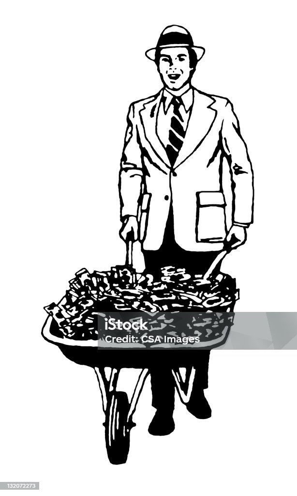 Man and Wheelbarrow of Cash Currency stock illustration